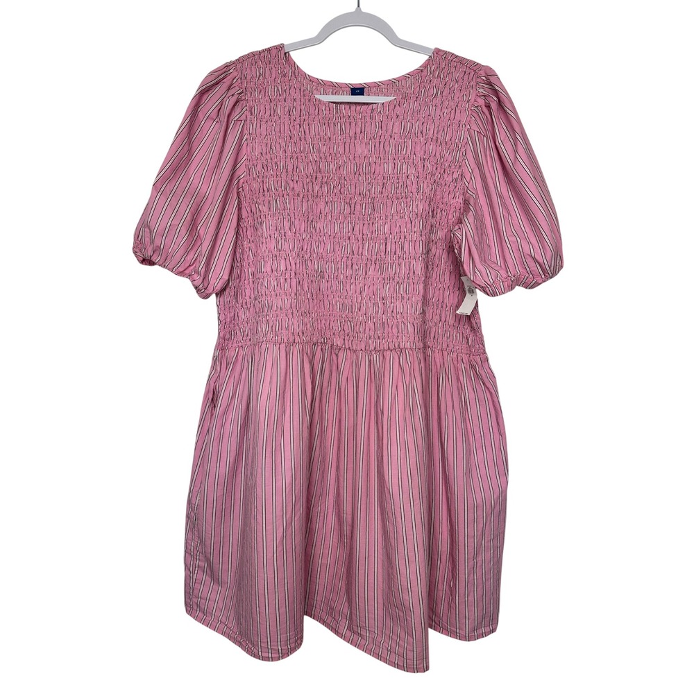 Old Navy Smocked Puff Sleeve Mini Dress Size 2X Pink Stripe Cotton Pockets New
